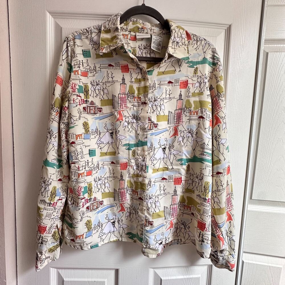 VTG Womens Large Urban City Print Long Sleeve Button Up Shirt Artsy Mod Abstract